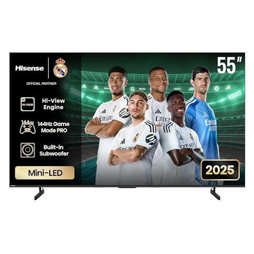 Hisense 55U7Q Fernseher 55 Zoll, 4K Mini LED ULED, Smart TV, Hi-View AI Engine, 144Hz Game Mode Pro, FreeSync Premium, Built in Subwoofer, Dolby Vision IQ Atmos, Airplay, Sprachsteuerung[2025]