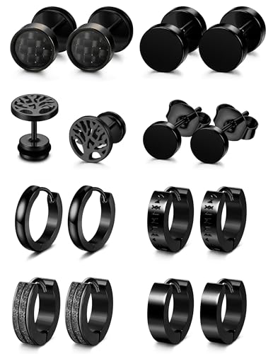 YADOCA 8 Paare Ohrringe Herren Schwarz Ohrringe Männer Edelstahl Hypoallergen Ohr Piercing Schwarz Creolen Ohrring für Männer Jungen, B