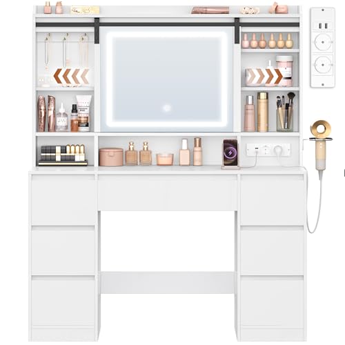 HEXCELEN Schminktisch mit Abnehmbarer Spiegel, Schminktisch, 7 Schubladen, Offene Regale, für Schlafzimmer 40 × 108 × 148,6 cm, Weiß