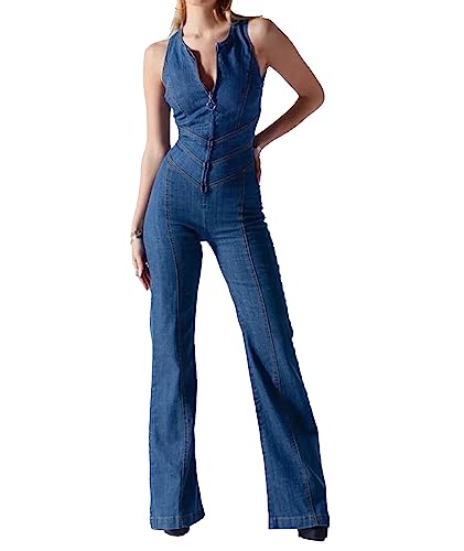 xxxiticat Damen Denim Jumpsuit Front Zip Up Deep V Neck Sexy ärmellose Bell Bottom Pants Strampler(BE,S)