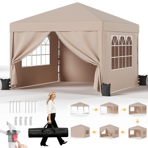 JUMMICO Pavillon 3x3 Wasserdicht Stabil Winterfest Höhe Verstellbar,Faltpavillon mit 4 Seitenwänden,Pavillion UV Schutz 50+,Gartenpavillon Faltzelt für Garten, Innenhof, Camping,Gazebo Beige