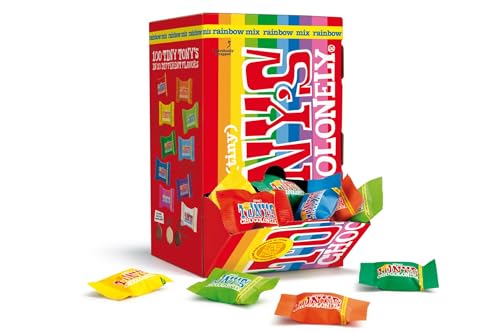 TONY'S CHOCOLONELY – Tiny Tony’s Mix Geschenkbox - 100 Minis in 10 Sorten mit Vollmilch, Zartbitter & weißer Schokolade mit Mandel, Karamell uvm. Ohne Palmöl, fairtrade & hergestellt in Belgien