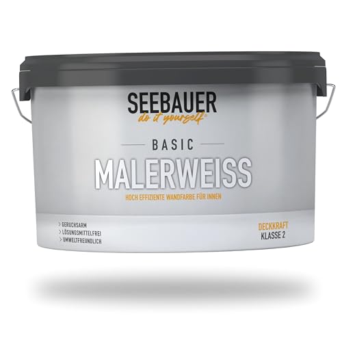 SEEBAUER diy Wandfarbe Weiß 2,5L - Klassisches Malerweiß für Innenräume - Gute Deckkraft, Leicht zu Verarbeiten & Tropfarm - Effiziente Innenfarbe für Wände und Decken bis zu 20 qm