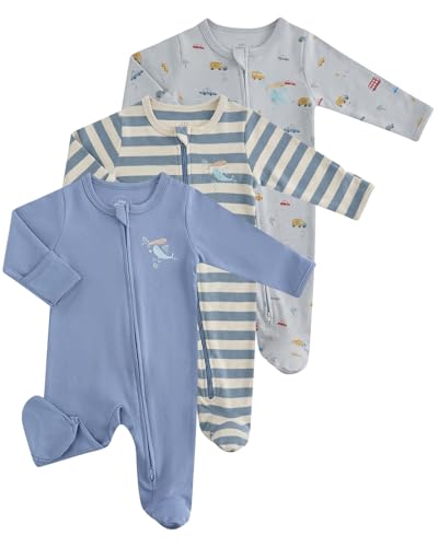 JiAmy Baby Schlafanzug Strampler 3er Pack Baumwolle, Unisex Baby Overall mit Reißverschluss, Fußteil und umklappbaren Fäustlingen Grau 3-6 Monate