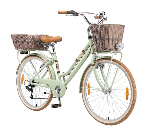 BIKESTAR Alu City Stadt Fahrrad 26 Zoll | 16 Zoll Rahmen, 7 Gang Shimano Damen Rad, Hollandrad Retro Bike mit V-Bremse und Gepäckträger | Mint | Risikofrei Testen