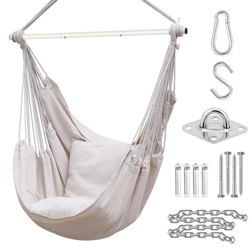 Ohuhu Hängesessel mit 2 Kissen und Deckenhaken-Kit, Hängesessel Outdoor XL Hängestuhl bis 150 kg für Erwachsene & Mädchen, Hängesitz Aufhängung Indoor Outdoor Schlafzimmer und Garten, Beige