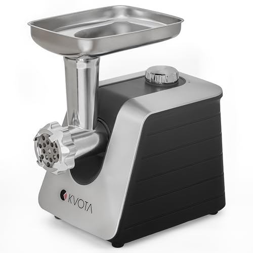 KVOTA Fleischwolf elektrisch 1500 W (Blocking Power), Edelstahl-Schneidsatz, 3 Lochscheiben 3/5/7 mm, Vorwärts- & Rücklauf, 3 Wurstfüller 13,5/19,5/22 mm, Kibbeh-Aufsatz, Anti-Rutschfüß (Schwarz)