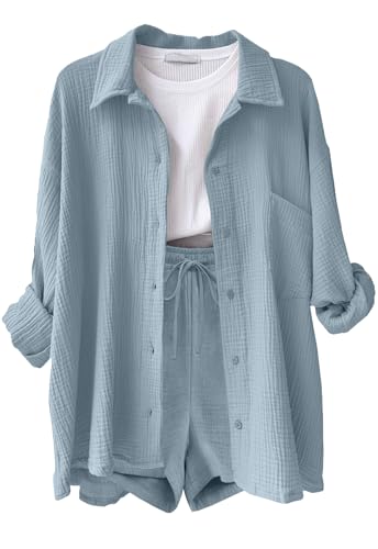 CheChury Zweiteiler Damen Sommer Musselin Bluse Hemd Hosen Langarm Freizeitanzug Y2K Hosenanzug Aesthetic Mode Lässige 2 Teiler Luftig Sportanzug Taschen Strand Outfit Leicht Atmungsaktiv Loungewear