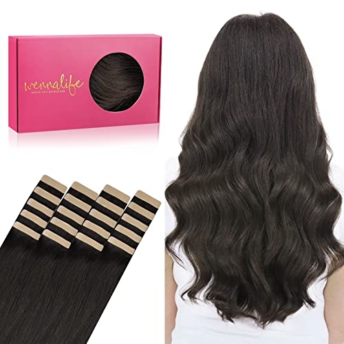 WENNALIFE Tape Extensions Echthaar, 20pcs 50g 45cm 18 Zoll Dunkel Braun Remy Invisible Tape Extensions Seidig Gerade Echthaar Extensions Skin Weft Tape Ins