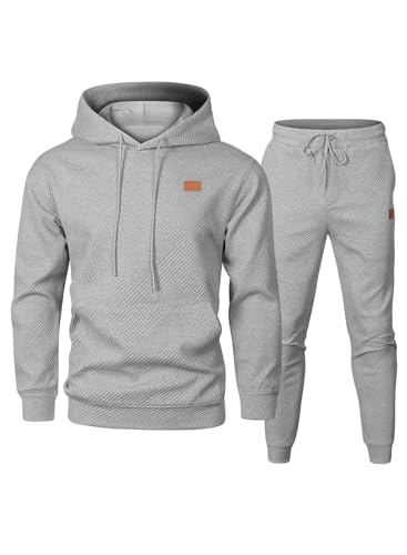 Elegancity Herren Jogginganzug Set Casual 2-Teiliger Trainingsanzug mit Kapuzenpullover und Herren Jogginghose Casual Sportanzug Pullover Hoodie Laufanzug mit Strukturmuster，Grau L