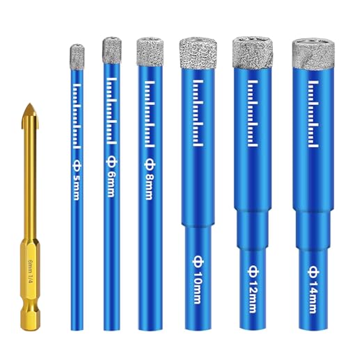 7 Stück Fliesenbohrer Glasbohrer Diamantbohrer,5/6/8/10/12/14mm Feinsteinzeug Diamant Fliesen Bohrer und 6mm Metall Bohren, Glasbohrer für Keramik Granit, Glas, Porzellan, Mauerwerk, Marmor