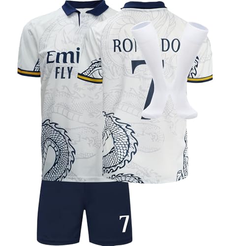 Mokiss No #7 Spezielles Design Football Fußball Kinder Trikot Shorts Socken Set Jugendgrößen (Weiß,28)