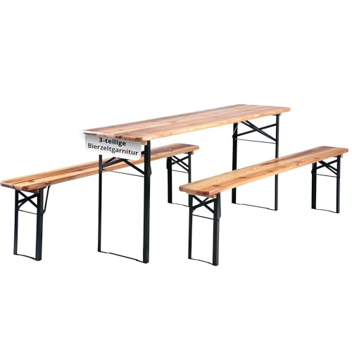 Stagecaptain Hirschgarten Bierzeltgarnitur 170 cm Länge - Klappbare Festzeltgarnitur 1x Tisch & 2X Bank - Sitzgarnitur aus Holz - Einfacher Transport - Geeignet Für Innen- und Außenbereich - Natur