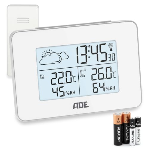 ADE Digitale Wetterstation Funk mit Außensensor | Innen und Außentemperatur | Luftfeuchtigkeitsmesser | animierte Wettervorhersage | Funkwecker mit Schlummerfunktion | weiß