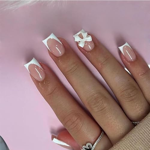 MouyouGlow Press on Nails Kurz,Square Nude Rosa Weiß French 3D Schleife Fliege Bow Tie Fake Nails mit Nagelkleber,White Tip Acryl Künstliche Fingernägel