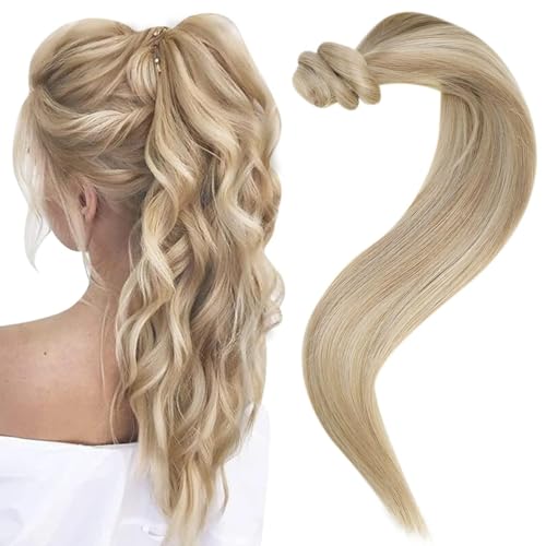 Easyouth Zopf Echthaar Extensions Blond Pferdeschwanz Extensions Echthaar Golden Blonde Highlight Mittelblond 30 cm 70g Zopf Extension Haarverlängerungen Glatt #16P22