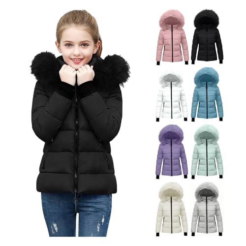 Generisch Kinder Winterjacke Mädchen Daunenjacke Warme Pufferjacke Leichte Steppjacke Puffer Jacke Reißverschluss Wintermantel mit Fellkapuze Kinderjacke Einfarbig Outdoor Mantel Winterparka