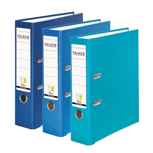Falken 3er Pack PP-Color Ordner, Made in Germany, 8 cm breit DIN A4 farbig sortiert Ocean Vegan Kunststoffbezug außen, Papierbezug innen, mit austauschbarem Rückenschild