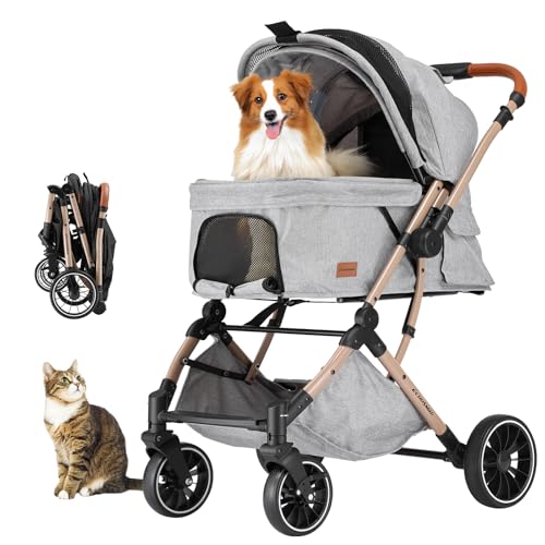 EchoSmile Ein-Knopf-Falt Hundewagen, Hundebuggy bis 20kg für kleine mittel Hunde & Katzen, Hunde Buggy & Katzenwagen mit Umkehrbarer Griff, Stoßdämpfung & Abnehmbares Waschbares Pad (Grau)