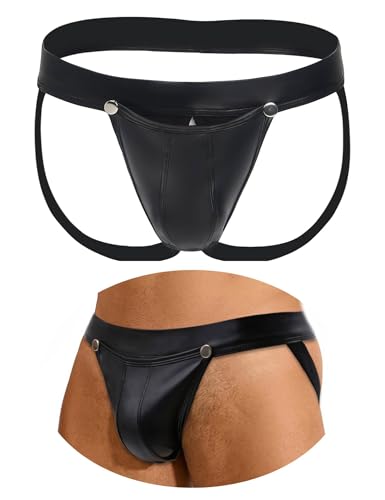 comeondear PU Leder Jockstrap Männer Sexy Unterhosen Hinten Offen Herren String Tanga Große Größen Sissy Höschen Ouvert Dessous Slips mit Öffnung Wetlook Reizwäsche Gay Pouch Underwear Men Schwarz,XL