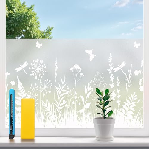 Snugfolk Fensterfolie Blickdicht mit Blumenmuster, Selbsthaftende Statische Sichtschutzfolie Fenster Milchglasfolie mit UV-Schutz, Geeignet für Badezimmer, Schlafzimmer und Küche, 44,5 x 200 cm