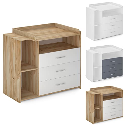 Infantastic® Wickelkommode -Mit Wickelauflage, 3 Schubladen, 3 Fächer, 113x53x101.6 cm, in MDF, Weiß/Grau/Sonoma - Baby Kommode, Wickelregal, Wickeltisch, Wickelschrank mit Wickelaufsatz (Sonoma-weiß)