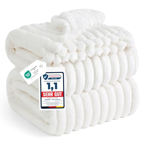 BEDSURE kuscheldecke 220x240 für Zimmer Deko - Tagesdecke, Wolldecke & Fleecedecke, Sofadecke, Weiche Warme Grobe Korddecke für Couch, Wohn- & Kuscheldecken, XXL Große Decke, Wollweiß, 220 x 240 cm