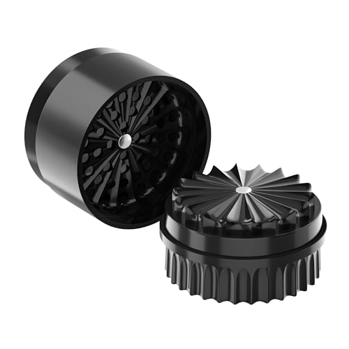 Premium Toothless Ceramic Grinder Calabasas Schwarz | Zahnlos | Nano-Keramik Beschichtung | 5 – teilig | Blüten (Flower) Mühle (Mill) | Inkl. Storage Deckel & Feinsieb (Schwarz) | California's Choice