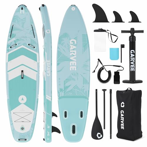 Premium SUP Board Set, Stand Up Paddling Board Aufblasbar, Mit Universal Kamerahalterung, Komplettes Zubehör, Verstellbares Paddel, Anfänger, Fortgeschrittene (Blaugrünes Palmenblatt)