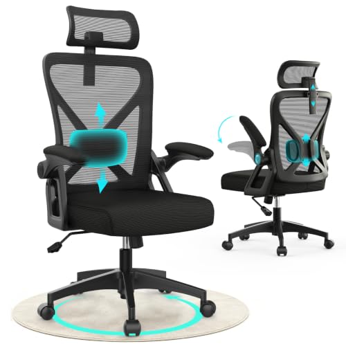 Bürostuhl, ergonomischer Schreibtischstuhl mit gepolsterter Lendenwirbelstütze und hochklappbaren Armlehnen – Computerstuhl mit hoher Rückenlehne, verstellbarer Kopfstütze und bequemem Sitzkissen zum