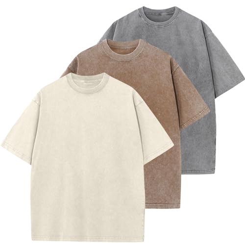 Oversized T-Shirt für Herren Heavy Baumwolle Regular Fit Basic Männer T-Shirt Set Casual Sommer Tops(BraunBeigeGrau L)