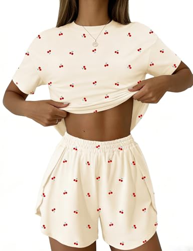 IECCP Schlafanzug Damen Kurz Pyjama Kurzarm Pyjamas Set Nachtwäsche Set Zweiteiliger Sommer Loungewear Sleepwear Hausanzug Aprikose Kirsche L