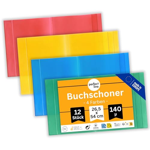 perfect line 12 x Buchumschlag Höhe 26,5 cm (265 mm) x Breite bis 54 cm, Schulbuch-Hülle Extra-Stabil, Buchschoner Glas-Klar, Sparpack (1 Set (12 Stk.) - Bunt)