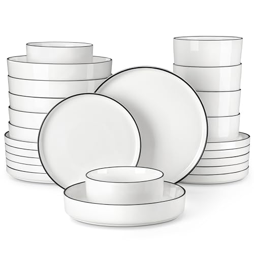 MALACASA Geschirrset 24-tlg für 6 Personen, Modernes Tafelservice aus Weiß Porzellan mit Stehrand & Schwarzer Akzentkante, Geschirr Set inkl. 6x Essteller, Dessertteller, Suppenteller, Suppenschüssel