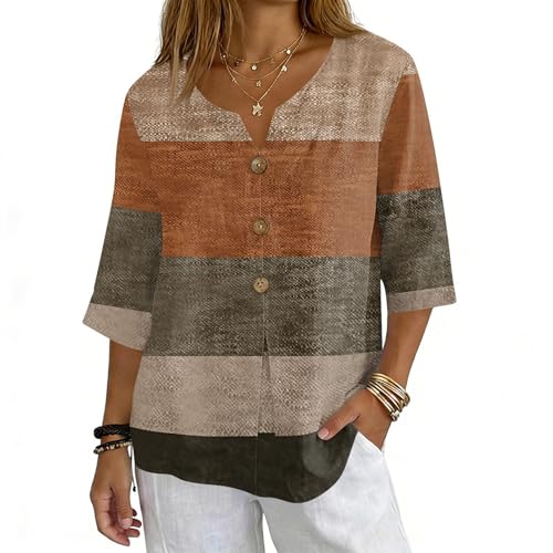 BORTGYUI Leinenbluse Damen,Women's Clothing,Leinenbluse Damen - Elegante Baumwolle Leinen Tshirt Leinenshirt Lose 3/4 Arm Blusen Atmungsaktive Tops,05-Braun,XL