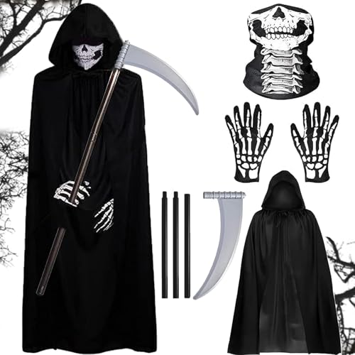 Sensenmann Kostüm, Halloween Deko, 4 PCS Skelett Kostüm Set für Erwachsene Totenkopf Maske, Skelett Handschuhe, Todeszubehör und schwarzer Umhang, Halloween Kostüme Damen für eine gruselige Atmosphäre