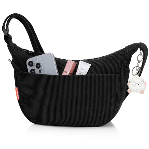 Captain Blues Umhängetasche Damen, Crossbody Bag Damen, Cord Tasche Damen, Halbmond Tasche Damen mit Reißverschluss, verstellbarem Schultergurt und Baumwollfutter für Alltag, Arbeit, Reisen (Schwarz)