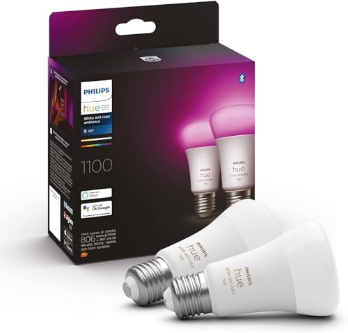 Philips Hue White & Color Ambiance E27 LED Glühbirne, 1100lm, 16 Mio. Farben, dimmbar, steuerbar via App und Stimme, kompatibel mit Amazon Alexa (Echo, Echo Dot), 2er Pack, alte Generation