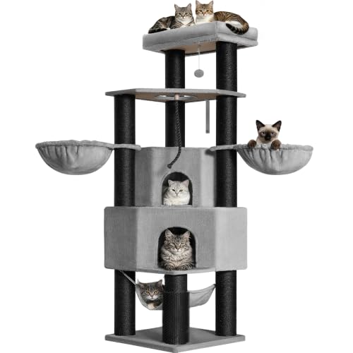 Fobyfurny Kratzbaum Große Katzen Stabil, 183 cm Kratzbaum XXL mit Großen Höhlen, 11 cm Dicker Sisalpfosten, Plattformen, Fellpflegegerät, Dickes Sisalseil, Hängematte, Pompons, Hellgrau FPMS018FG1