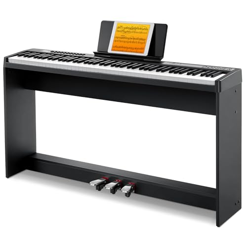 Donner Digitales Klavier mit 88 anschlagdynamischen Tasten und abnehmbarem Ständer, kompaktes E-Piano für Anfänger mit Split-Modus, LED-Digitalanzeige und Dreifachpedal, DEP-08