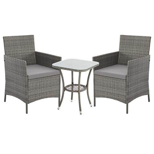 SVITA Brooklyn Bistro Gartenmöbelset 3-teilig Rattan Outdoor Gartenlounge Terrasse Balkon Garten Sitzgruppe mit 2 Sesseln und Tisch Grau