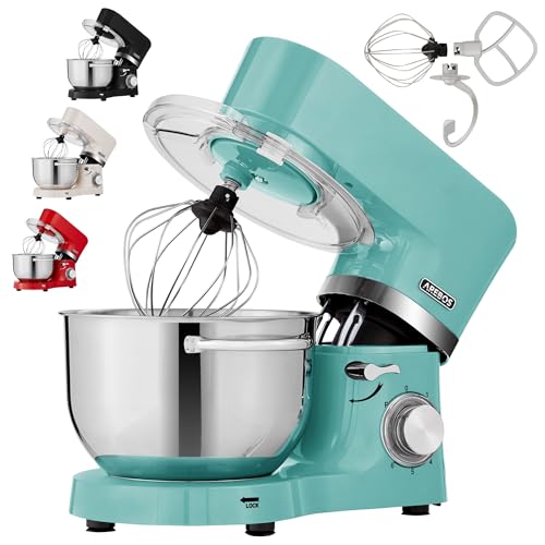 Arebos Küchenmaschine 1500W Türkis | Knetmaschine mit 2x Edelstahl-Rührschüsseln 4,5 & 5,5L | Geräuscharm | Küchenmixer mit Rührhaken, Knethaken, Schlagbesen und Spritzschutz | 6 Geschwindigkeiten