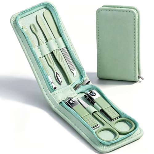 7-teiliges Maniküre-Set aus Edelstahl mit Nagelknipser, Nagelpflegewerkzeugen, professioneller Augenbrauenschere, Pinzette, tragbarem Reise-Pflegeset mit Reißverschluss-Lederetui für Damen und Herren