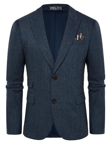 PJ PAUL JONES Herren Blazer Vintage Fischgrätmuster Anzugjacke Regular Fit Sakko Sportlich (Dunkelblau, M)