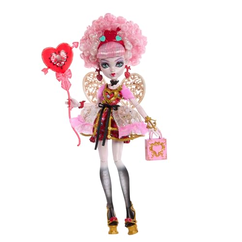 Monster High Scary Sweet Birthday-Puppe, Cupid Asteria im rosa und roten Partykleid mit themenbezogenem Zubehör wie Einladung, Luftballon, Geschenk und mehr, JBG77