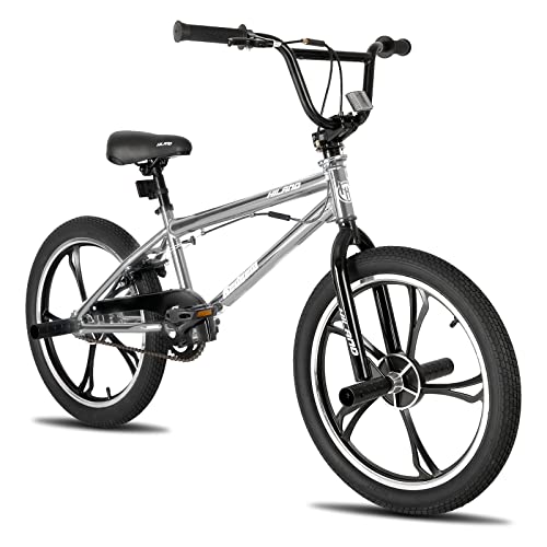 Hiland 20 Zoll 5 Speichen Kinder BMX Fahrrad für Jungen Mädchen ab 7-13 Jahre alt, 360 Grad Rotor Freestyle, 4 Pegs Kinder BMX Fahrrad, Silber
