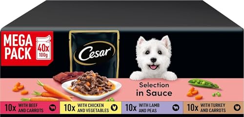 Cesar Selektion in Sauce Premium Hunde Nassfutter im Portionsbeutel 4 Varietäten 40x100g