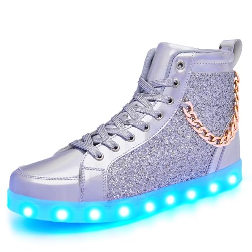 Leuchtende Schuhe für Damen und Herren, USB-Aufladung, LED-Glitzerkette, Sneaker, High-Top-Paar, Tanzschuhe, Halloween, leuchtend, blinkend, leuchtende Turnschuhe, silber, 13 Women/11 Men