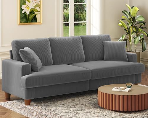 Kidirect Cord Sofa 3 Sitzer, 221CM Bequemes Couch 53CM Extra Tiefe Sitze, Sofa Wohnzimmer Werkzeugfreie Montage, Big Sofa Couch mit 2 Kissen, Modernes Couch fürs Büro, Schlafzimmer Sofas Grau
