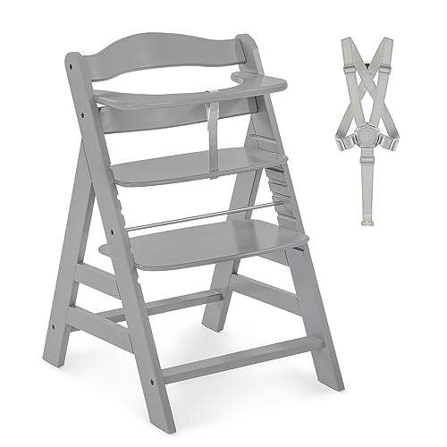 hauck Alpha+, Grey - Mitwachsender Holzhochstuhl aus Buche für Kinder ab 6 Monaten bis 90 kg - Inklusive 5 Punkt Gurt, Schrittgurt, Schutzbügel - Kompatibel mit viel Zubehör